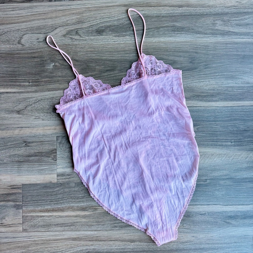 Coquette 90s Delicates Light Pink Lace Teddy High Cut Sheer Mesh‎ Lingerie - Picture 13 of 13
